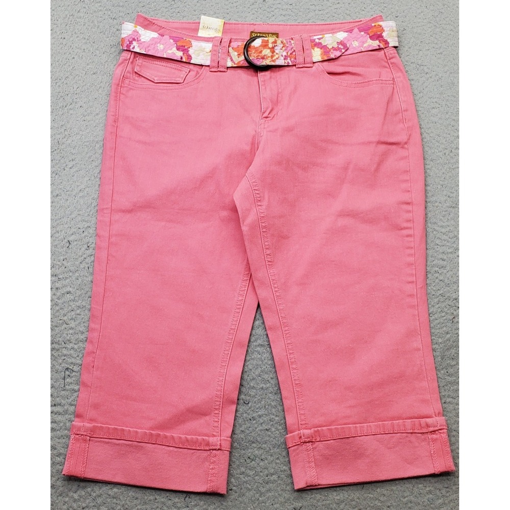 St. John's Bay Cuffed Capri Pants Womens Petite 12P Pink Straight Leg Belted